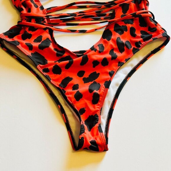 Leopard Print Plunging V-Neck Lace Up Swimsuit Small Red Orange Animal High Cut - Picture 7 of 14